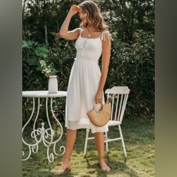 Frill Trim Shirred Waist Knotted Cami Dress - White - Picture 1 of 2